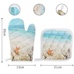 Sandy Beach Set of Oven Mitt and Pot Holde Starfish Seashell Theme Oven Gloves Heat Resistance Non-Slip Surface for Kitchen BBQ Cooking Baking Grilling