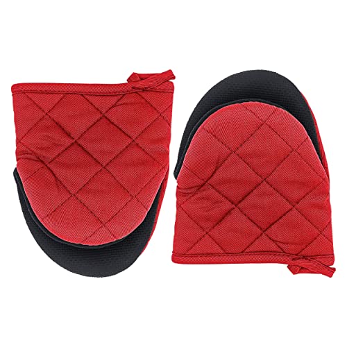 Nuscen 2 Pcs Mini Oven Gloves,Heat Resistant 500 Degrees, Oven Mitts,Cotton Neoprene Non-Slip Grip, Hanging Loop, for Microwave BBQ, Kitchen, Baking,Grilling/Machine Washable (Red)