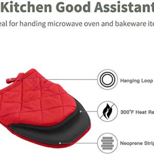 Nuscen 2 Pcs Mini Oven Gloves,Heat Resistant 500 Degrees, Oven Mitts,Cotton Neoprene Non-Slip Grip, Hanging Loop, for Microwave BBQ, Kitchen, Baking,Grilling/Machine Washable (Red)