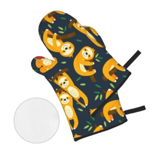 Sloth Oven Mitts and Pot Holders Sets Heat Resistant 4 Pcs for Safe BBQ Cooking Baking Grilling