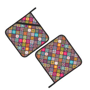 evava potholders 2 pieces set, vintage bohemian pattern hot pads with anti-scald cotton infill material, retro, one size