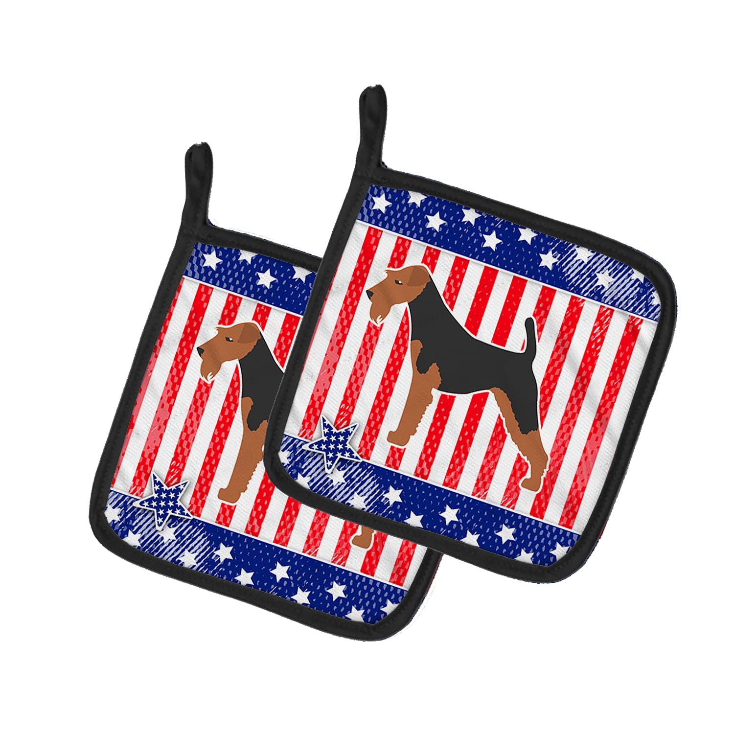 Caroline's Treasures BB3357PTHD USA Patriotic Airedale Terrier Pair of Pot Holders Kitchen Heat Resistant Pot Holders Sets Oven Hot Pads for Cooking Baking BBQ, 7 1/2 x 7 1/2