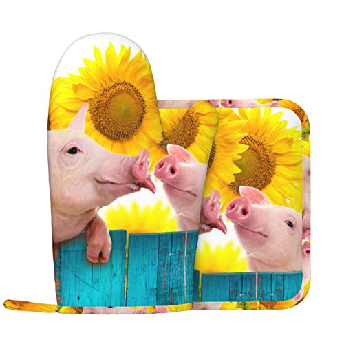 Funny Pig Oven Mitts and Pot Holders,Oven Gloves Potholders Hot Pads for Kitchen 2pcs,Washable Pot Holder,Heat Resistant Hot Pad Kitchen Decor Accessories for BBQ Cooking and Baking