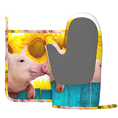 Funny Pig Oven Mitts and Pot Holders,Oven Gloves Potholders Hot Pads for Kitchen 2pcs,Washable Pot Holder,Heat Resistant Hot Pad Kitchen Decor Accessories for BBQ Cooking and Baking