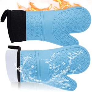 obsoorth heat resistant silicone oven mitts waterproof flexible handle hot food washable blue extra long anti-slip kitchen glove for baking cooking bbq, 1pair