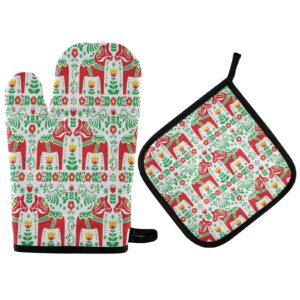 Swedish Dala Daleclarian Horse Oven Mitts and Pot Holders Winter Christmas Floral Cooking Gloves Kitchen Trivet Mats 2-Piece Set Non-Slip Heat Resistant Pad for Baking BBQ Home Decor