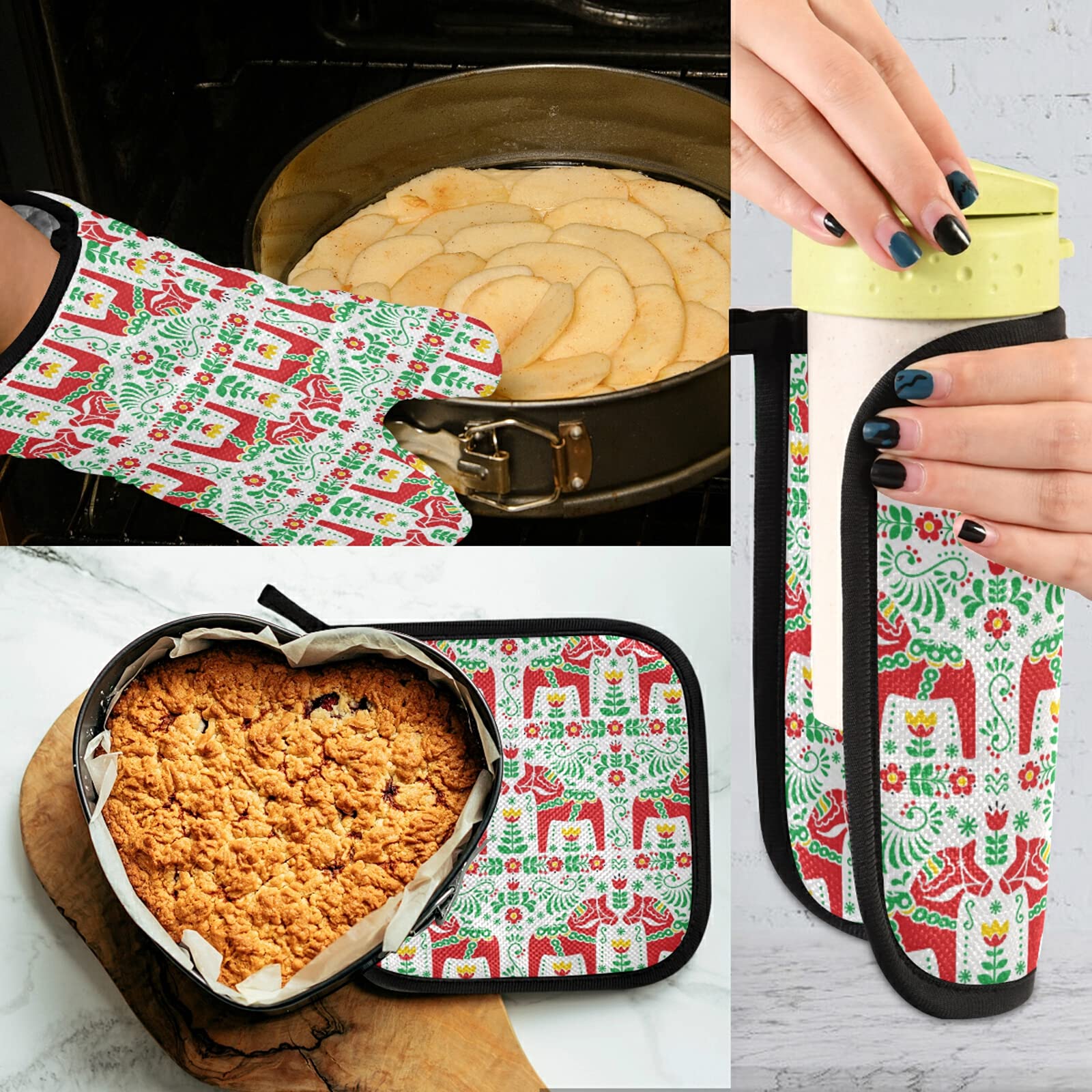 Swedish Dala Daleclarian Horse Oven Mitts and Pot Holders Winter Christmas Floral Cooking Gloves Kitchen Trivet Mats 2-Piece Set Non-Slip Heat Resistant Pad for Baking BBQ Home Decor