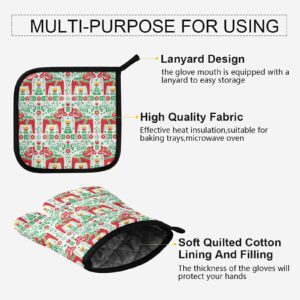 Swedish Dala Daleclarian Horse Oven Mitts and Pot Holders Winter Christmas Floral Cooking Gloves Kitchen Trivet Mats 2-Piece Set Non-Slip Heat Resistant Pad for Baking BBQ Home Decor