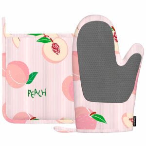 mxocom pink peach silicone oven mitts and pot holders sets hand drawn fruits on pink striped background bbq gloves for kitchen,cooking,baking,grilling