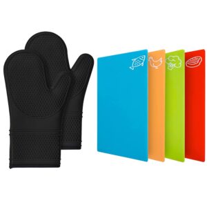 gorilla grip silicone oven mitts and flexible cutting boards 4 pack, oven mitts are extra long in black color, flexible cutting boards are multicolor, 2 item bundle