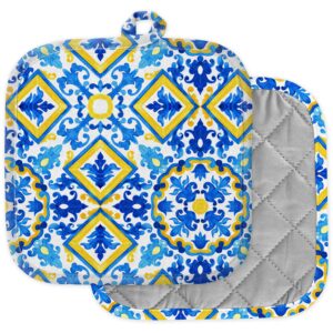 [pack of 2] pot holders for kitchen, washable heat resistant pot holders, hot pads, trivet for cooking and baking ( portuguese azulejo tiles watercolor )