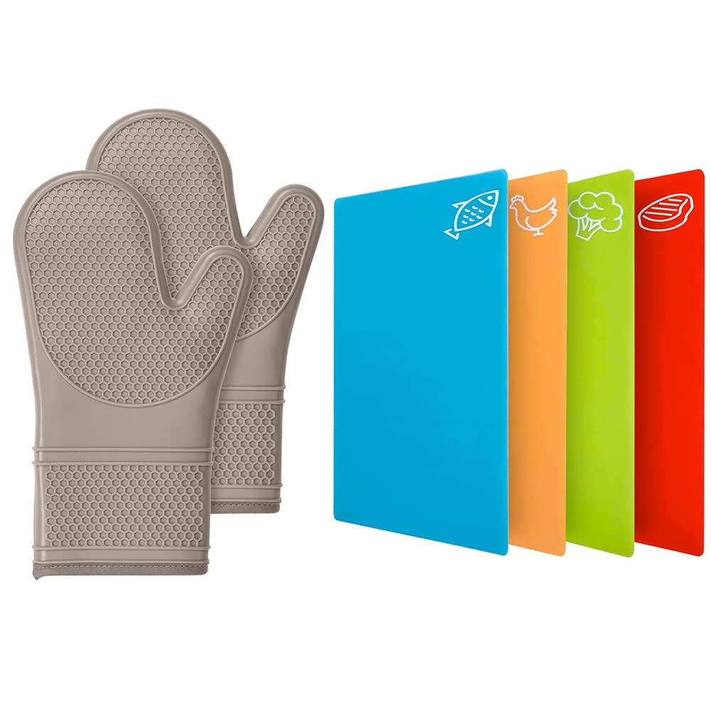 Gorilla Grip Silicone Oven Mitts and Flexible Cutting Boards 4 Pack, Oven Mitts are 12.5 Inch in Almond Color, Flexible Cutting Boards are Multicolor, 2 Item Bundle