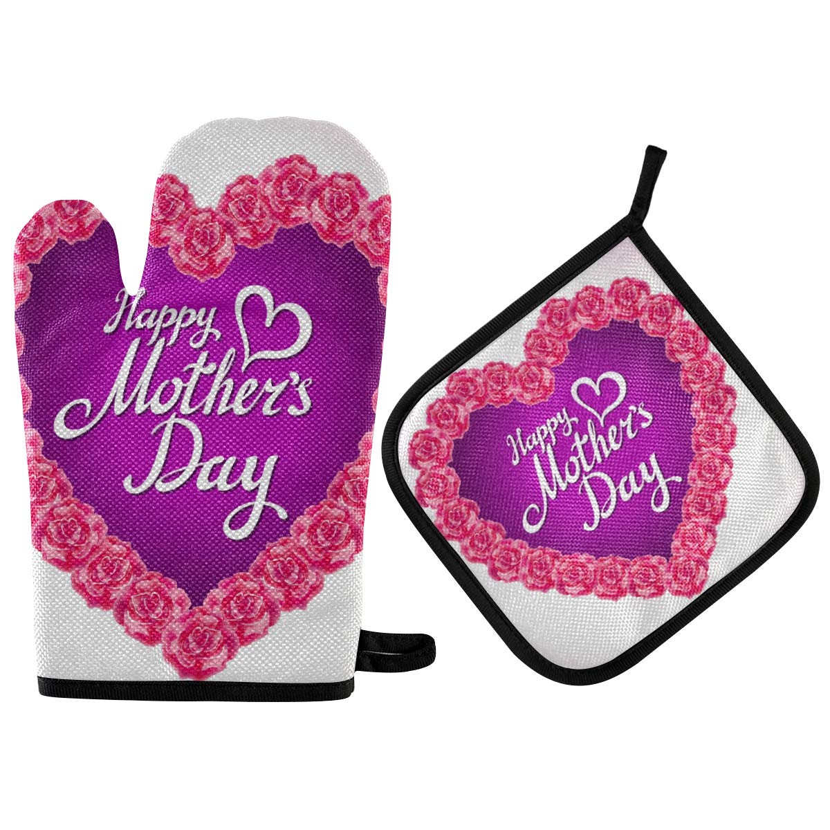 Pot Holders Oven Mitts Sets - Pink Rose Mother Day Heart Cooking Gloves Hot Pads Non-Slip Potholders for Kitchen BBQ Cooking