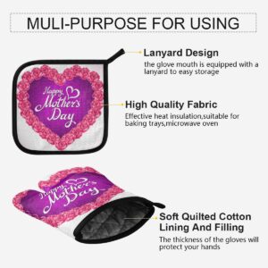 Pot Holders Oven Mitts Sets - Pink Rose Mother Day Heart Cooking Gloves Hot Pads Non-Slip Potholders for Kitchen BBQ Cooking