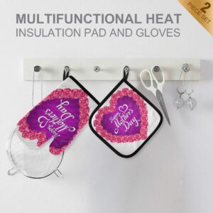 Pot Holders Oven Mitts Sets - Pink Rose Mother Day Heart Cooking Gloves Hot Pads Non-Slip Potholders for Kitchen BBQ Cooking