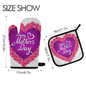 Pot Holders Oven Mitts Sets - Pink Rose Mother Day Heart Cooking Gloves Hot Pads Non-Slip Potholders for Kitchen BBQ Cooking