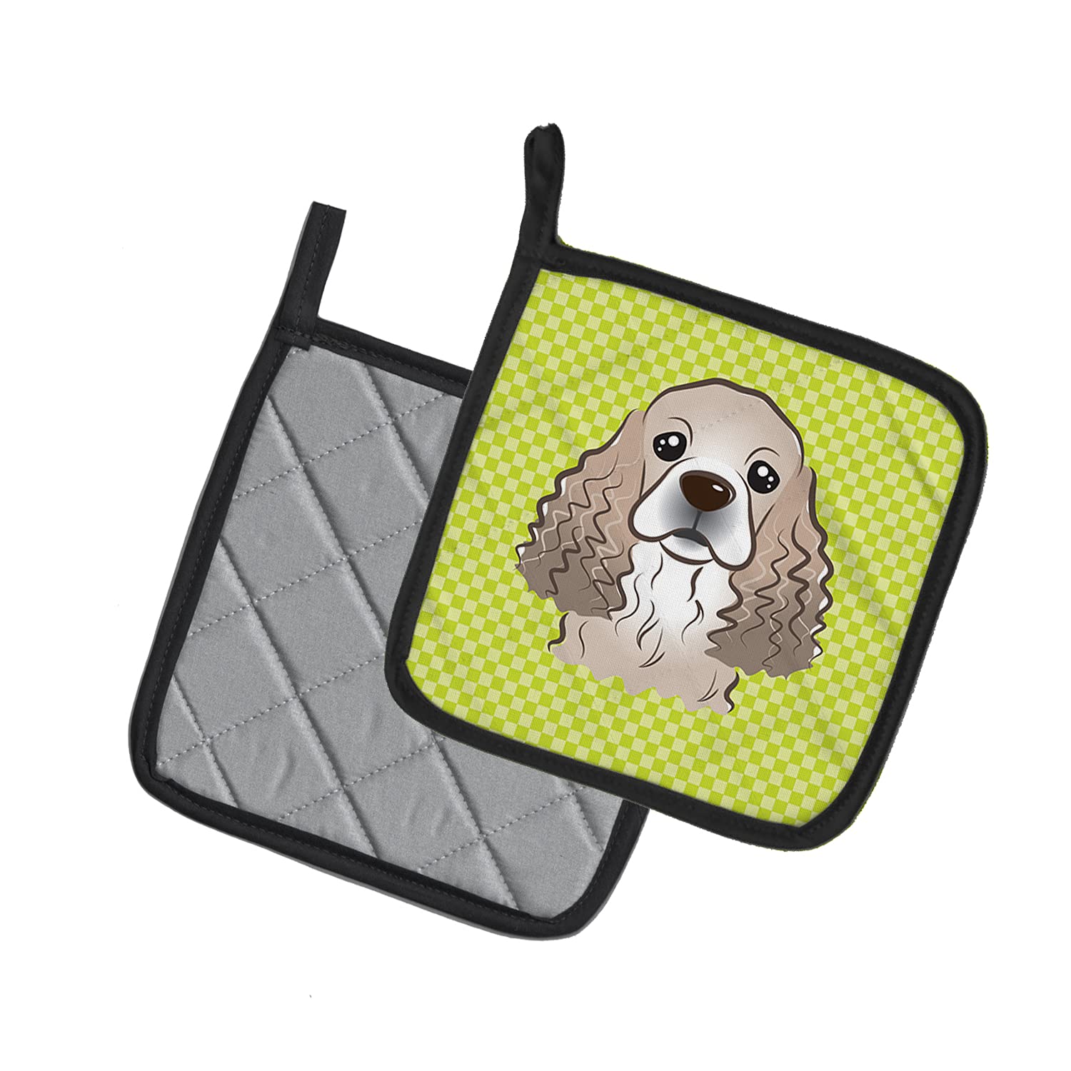 Caroline's Treasures BB1278PTHD Checkerboard Lime Green Cocker Spaniel Pair of Pot Holders Kitchen Heat Resistant Pot Holders Sets Oven Hot Pads for Cooking Baking BBQ, 7 1/2 x 7 1/2