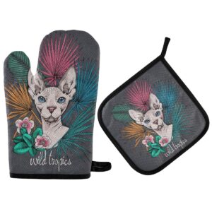susiyo oven mitts and pot holders 2 piece set sphynx cat tropical leaves heat resistant oven gloves non-slip textured potholder for microwave bbq cooking baking grilling