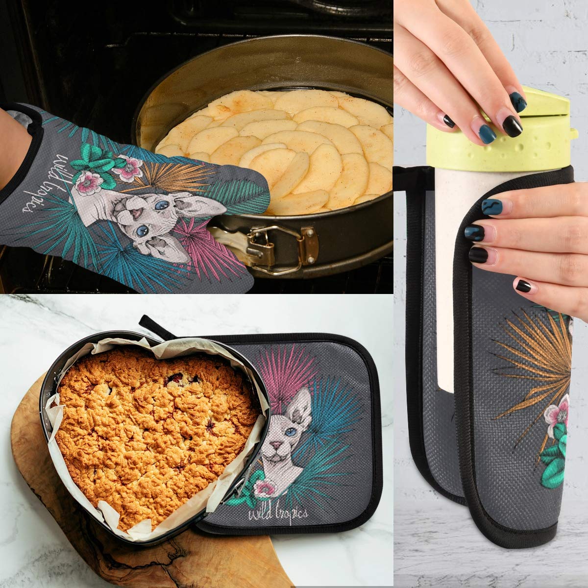 susiyo Oven Mitts and Pot Holders 2 Piece Set Sphynx Cat Tropical Leaves Heat Resistant Oven Gloves Non-Slip Textured Potholder for Microwave BBQ Cooking Baking Grilling