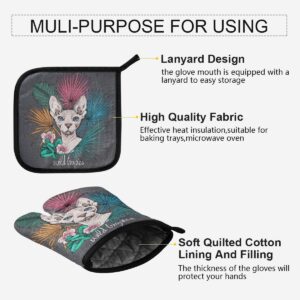 susiyo Oven Mitts and Pot Holders 2 Piece Set Sphynx Cat Tropical Leaves Heat Resistant Oven Gloves Non-Slip Textured Potholder for Microwave BBQ Cooking Baking Grilling