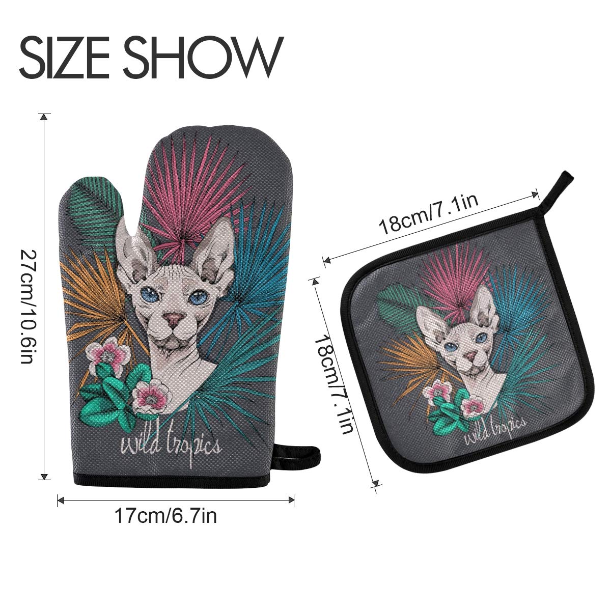 susiyo Oven Mitts and Pot Holders 2 Piece Set Sphynx Cat Tropical Leaves Heat Resistant Oven Gloves Non-Slip Textured Potholder for Microwave BBQ Cooking Baking Grilling