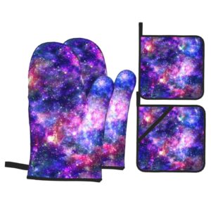nhbfcds galaxy oven mitts and pot holders sets, 4 piece set, heat resistant polyester gloves and pads for kitchen cooking baking grilling bbq, one size