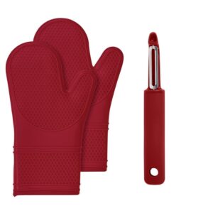 gorilla grip silicone oven mitts set of 2 and vegetable peeler, both in red color, oven mitts have soft quilted lining, peeler has swivel blade, 2 item bundle