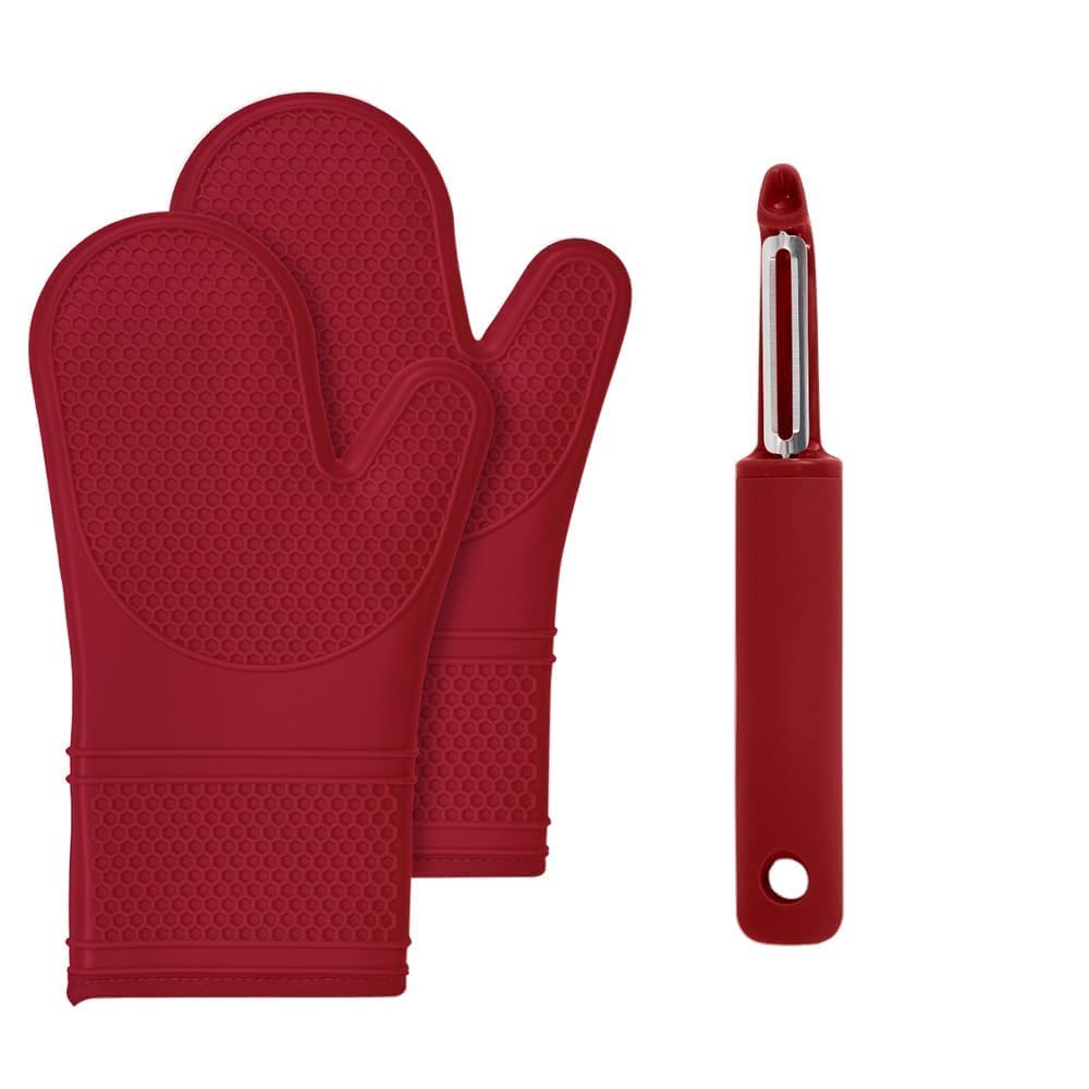 Gorilla Grip Silicone Oven Mitts Set of 2 and Vegetable Peeler, Both in Red Color, Oven Mitts Have Soft Quilted Lining, Peeler Has Swivel Blade, 2 Item Bundle