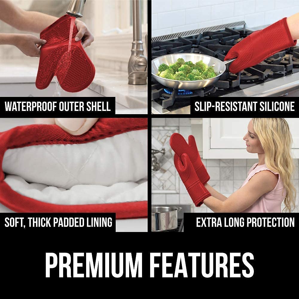 Gorilla Grip Silicone Oven Mitts Set of 2 and Vegetable Peeler, Both in Red Color, Oven Mitts Have Soft Quilted Lining, Peeler Has Swivel Blade, 2 Item Bundle