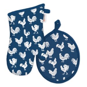 mÜkitchen | oven mitt and potholder are 100% cotton | durable and heat resistant cooking and kitchen accessories for handling hot pans and pots | coordinating set of 2 each | blue rooster