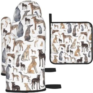 jkkl greyhounds wippets and lurcher dogs pattern，3pcs oven mitts and pot holders for kitchen,cooking,baking,grilling,bbq
