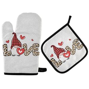 leopard love gnomes oven mitts and pot holders mothers day heat resistant oven mit glove pad 2pcs soft cotton lining non-slip safe for baking kitchen cooking bbq
