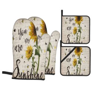 4-piece oven glove and pot holder,you are my sunshine sunflower retro newspaper,heat-resistant oven glove and pot holder,can be used for cooking and grilling