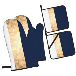 MUKJHOI Oven Mitts Pot Holders Set of 4 Heat Resistant Kitchen Waterproof Elegant Faux Gold Navy Blue White Stripes Women Men Home Cooking Baking Microwave BBQ Gift