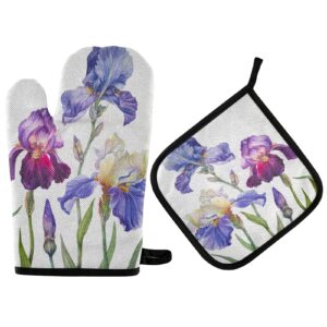 royal iris flowers kitchen oven mitts pot holders sets heat resistant machine washable bbq gloves for cooking baking grilling