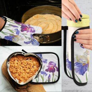 Royal Iris Flowers Kitchen Oven Mitts Pot Holders Sets Heat Resistant Machine Washable BBQ Gloves for Cooking Baking Grilling