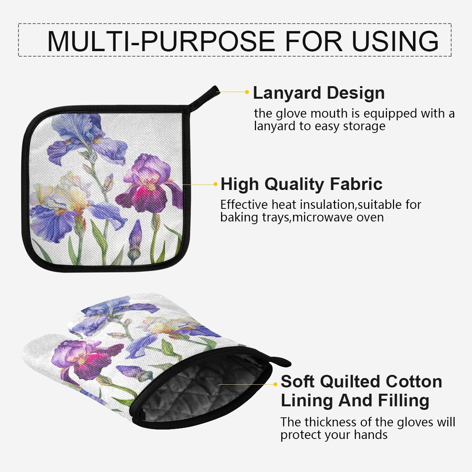 Royal Iris Flowers Kitchen Oven Mitts Pot Holders Sets Heat Resistant Machine Washable BBQ Gloves for Cooking Baking Grilling