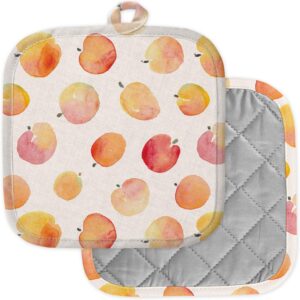 [pack of 2] pot holders for kitchen, washable heat resistant pot holders, hot pads, trivet for cooking and baking ( apples peaches fruit watercolor red )