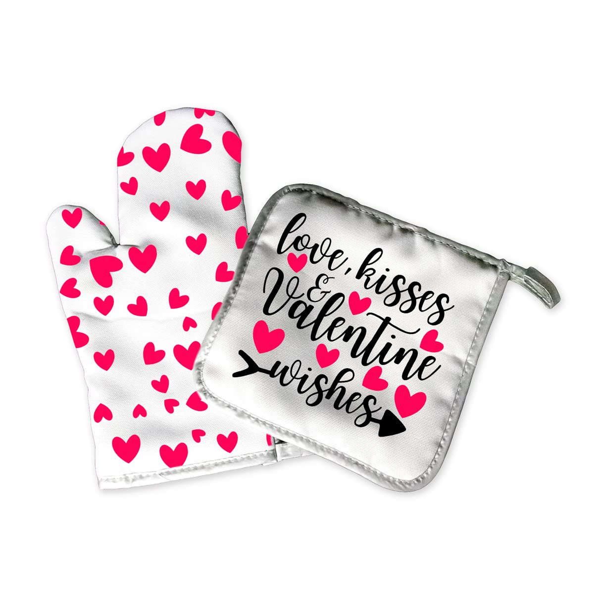 Decorative Kitchen Oven Mitt Hot Plate Pot Holder Set | Valentines Day Hearts Decorations | Love Kisses And Valentine Wishes | White Oven Home Decor Holiday Decorations | House Warming Gift Present