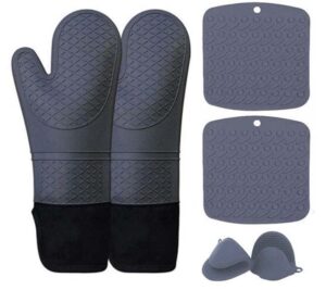 silicone oven mitts and pot holders sets- oven mitts heat resistant -silicone pot holders-heavy duty kitchen oven mitts- rubber oven mitts and pot holders- oven mitts and pot holders sets-(gray)