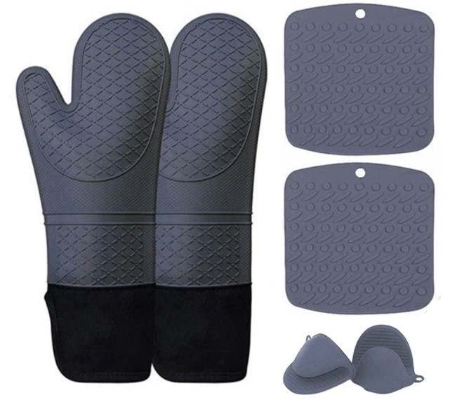 Silicone Oven Mitts and Pot Holders Sets- Oven Mitts Heat Resistant -Silicone Pot Holders-Heavy Duty Kitchen Oven Mitts- Rubber Oven Mitts and Pot Holders- Oven Mitts and Pot Holders Sets-(Gray)