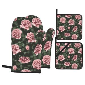 Oven Mitts and Pot Holders Sets 4 Piece, Pink Rose Flower Green Leaves Oven Gloves Heat Resistant Non-Slip for Kitchen Cooking Grilling Baking