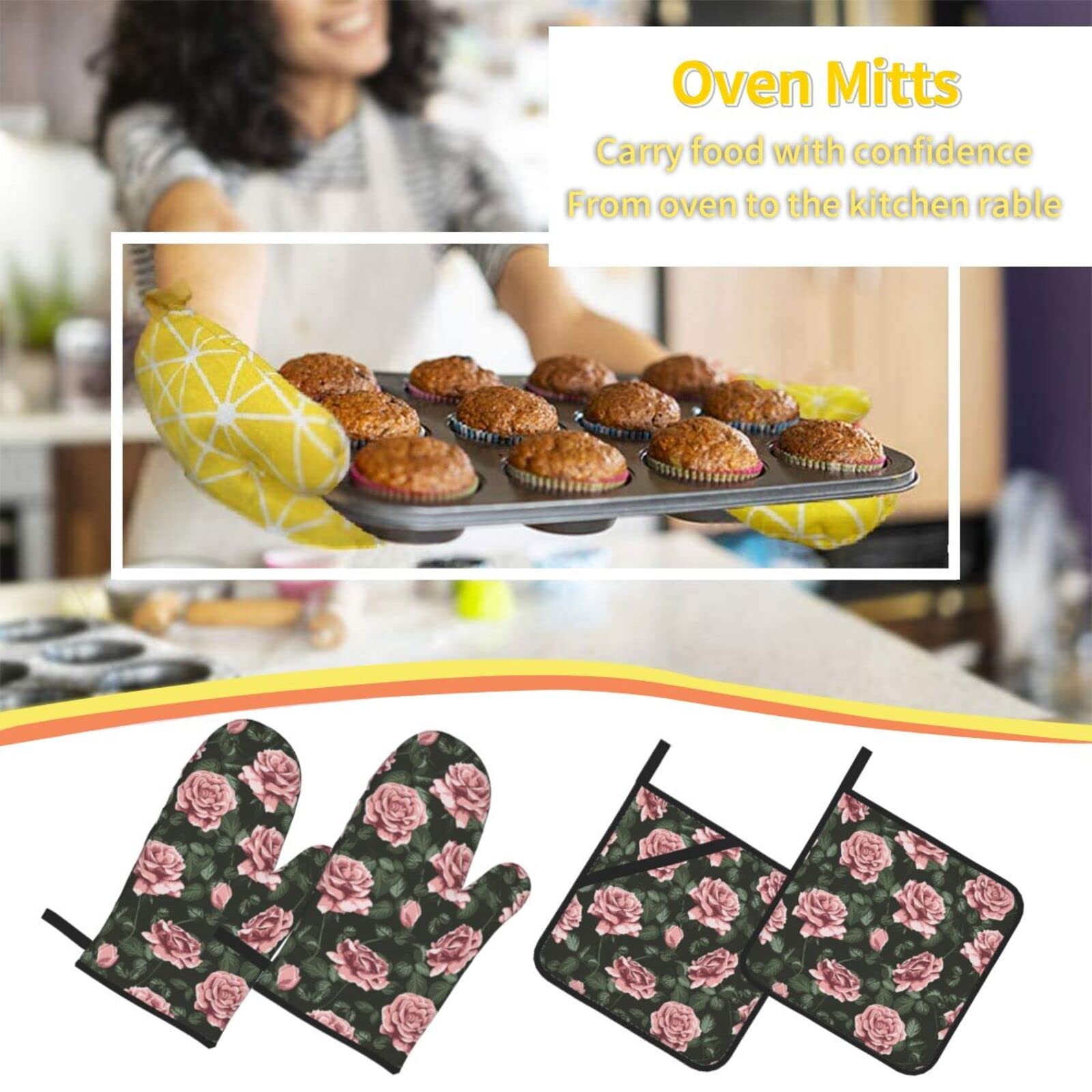 Oven Mitts and Pot Holders Sets 4 Piece, Pink Rose Flower Green Leaves Oven Gloves Heat Resistant Non-Slip for Kitchen Cooking Grilling Baking