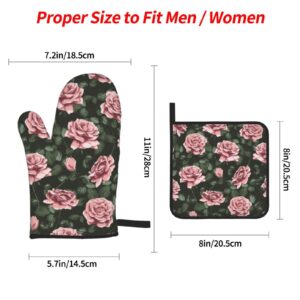 Oven Mitts and Pot Holders Sets 4 Piece, Pink Rose Flower Green Leaves Oven Gloves Heat Resistant Non-Slip for Kitchen Cooking Grilling Baking