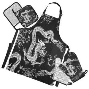 xigua Kitchen Linen Sets Cool Dragon Japanese Style Cooking Apron, 2 Potholders, 2 Oven Mitts, Kitchen Accessories for Cook Men Women Chef Decor