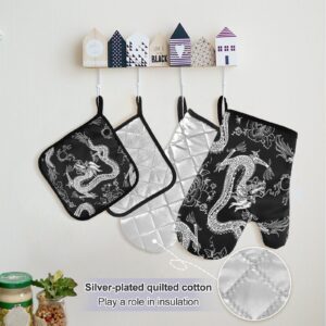 xigua Kitchen Linen Sets Cool Dragon Japanese Style Cooking Apron, 2 Potholders, 2 Oven Mitts, Kitchen Accessories for Cook Men Women Chef Decor