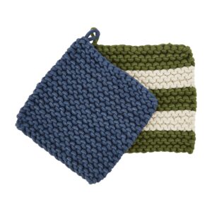 mud pie crochet pot holder set, blue and green, 8" x 8"