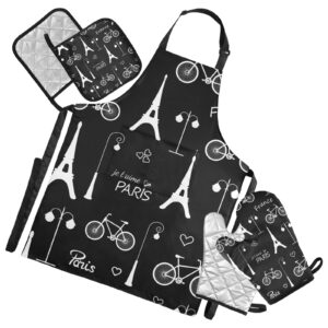 white eiffel tower bicycle ords paris france on dark black 5 pcs set cooking apron heat insulated oven mitts with pot holder pad, kitchen oven gloves protectors mat for grilling baking