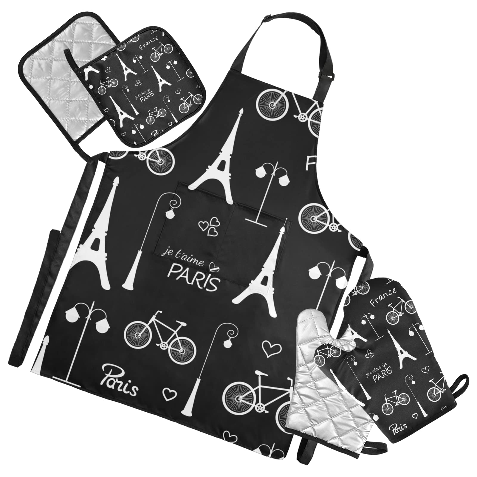 White Eiffel Tower Bicycle ords Paris France on Dark Black 5 Pcs Set Cooking Apron Heat Insulated Oven Mitts with Pot Holder Pad, Kitchen Oven Gloves Protectors Mat for Grilling Baking