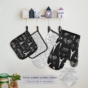 White Eiffel Tower Bicycle ords Paris France on Dark Black 5 Pcs Set Cooking Apron Heat Insulated Oven Mitts with Pot Holder Pad, Kitchen Oven Gloves Protectors Mat for Grilling Baking